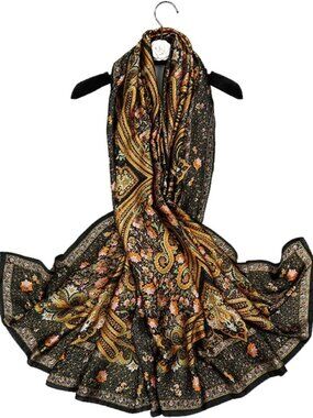 Women's Green Lightweight Silk Like Scarves Flower Print Head Cotton Wrap Scarf